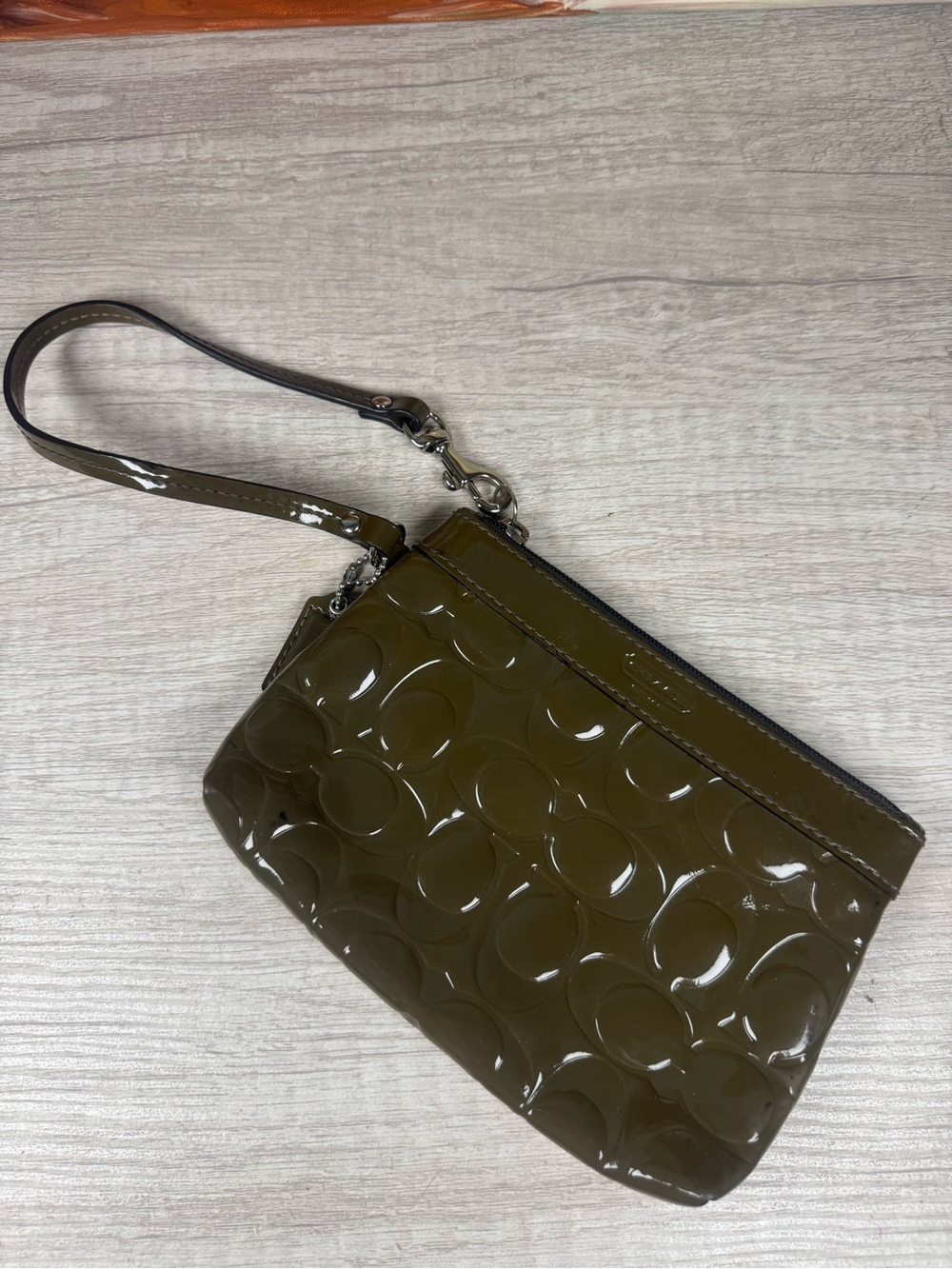 Coach Olive Green Patent Leather Embossed Signature Wristlet